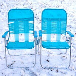 VINTAGE TEAL JELLY TUBE Folding Lawn Chairs Lot of 2 Aluminum Frame Lawn Chair